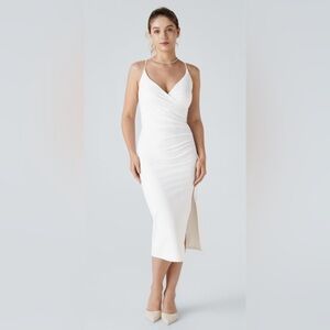 HALARA SoftlyZero Airy Crossover Ruched Lace-Up Bodycon Dress, Winter White, XS